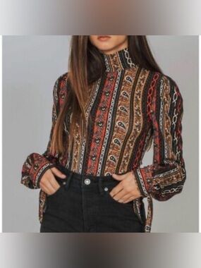 Free People Donatella Turtleneck Printed Stripes Tie Sleeve Size M vintage inspo